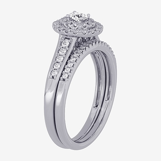 Womens 3/8 CT. T.W. Natural White Diamond 10K Gold Oval Side Stone Halo Bridal Set