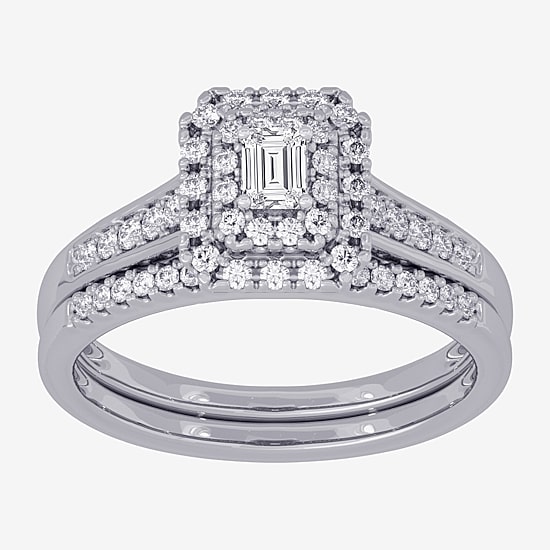 Womens 3/8 CT. T.W. Natural White Diamond 10K Gold Side Stone Halo Bridal Set