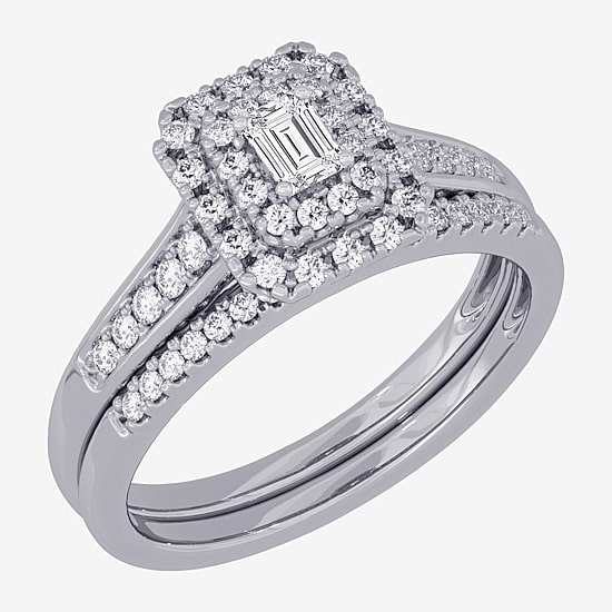 Womens 3/8 CT. T.W. Natural White Diamond 10K Gold Side Stone Halo Bridal Set