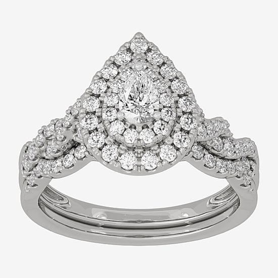 (H-I / Si1-Si2) Womens 3/4 CT. T.W. Lab Grown White Diamond 10K Gold Pear Side Stone Halo Bridal Set