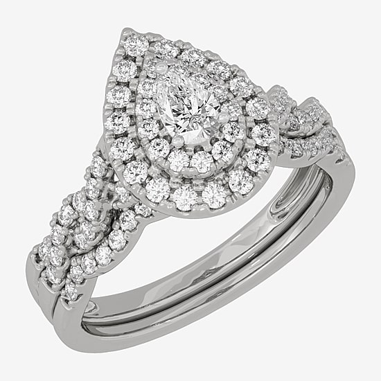(H-I / Si1-Si2) Womens 3/4 CT. T.W. Lab Grown White Diamond 10K Gold Pear Side Stone Halo Bridal Set