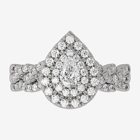 (H-I / Si1-Si2) Womens 3/4 CT. T.W. Lab Grown White Diamond 10K Gold Pear Side Stone Halo Bridal Set