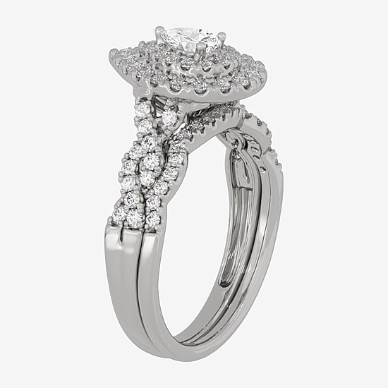 (H-I / Si1-Si2) Womens 3/4 CT. T.W. Lab Grown White Diamond 10K Gold Pear Side Stone Halo Bridal Set