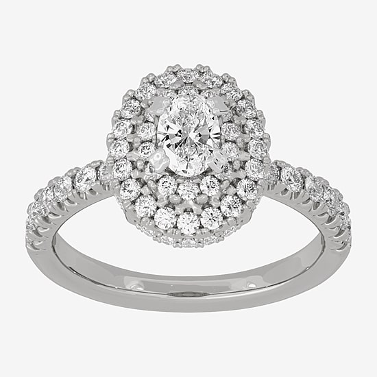 (H-I / Si1-Si2) Womens 1 1/4 CT. T.W. Lab Grown White Diamond 10K Gold Oval Side Stone Halo Engagement Ring