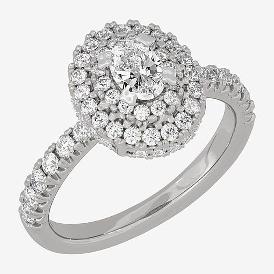 (H-I / Si1-Si2) Womens 1 1/4 CT. T.W. Lab Grown White Diamond 10K Gold Oval Side Stone Halo Engagement Ring