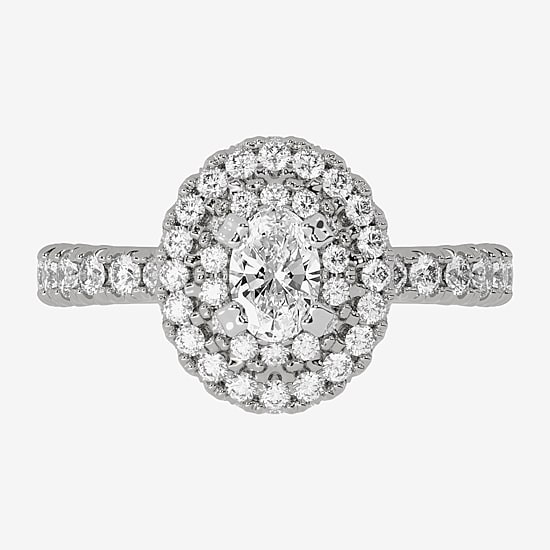 (H-I / Si1-Si2) Womens 1 1/4 CT. T.W. Lab Grown White Diamond 10K Gold Oval Side Stone Halo Engagement Ring
