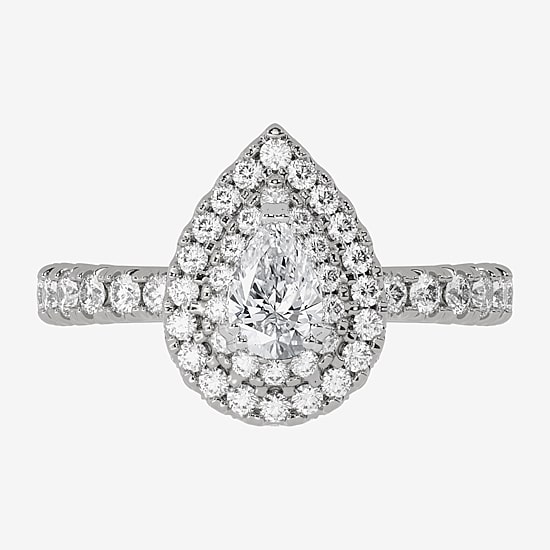 (H-I / Si1-Si2) Womens 1 1/4 CT. T.W. Lab Grown White Diamond 10K Gold Pear Side Stone Halo Engagement Ring