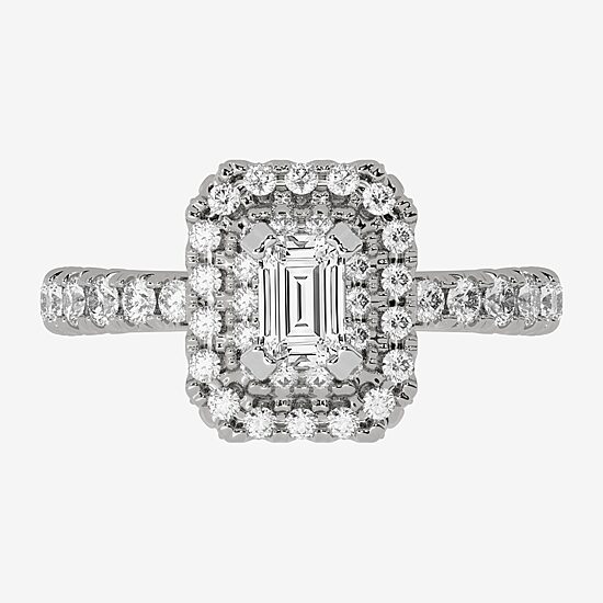 (H-I / Si1-Si2) Womens 1 1/4 CT. T.W. Lab Grown White Diamond 10K Gold Side Stone Halo Engagement Ring