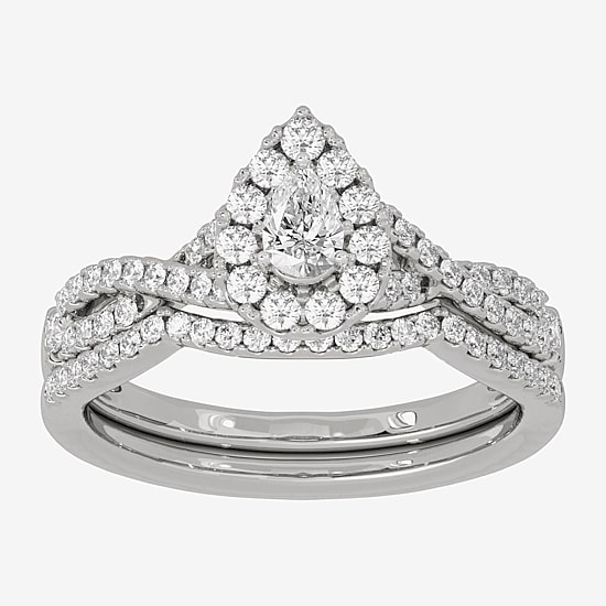 (H-I / Si1-Si2) Womens 3/4 CT. T.W. Lab Grown White Diamond 10K Gold Pear Side Stone Halo Bridal Set
