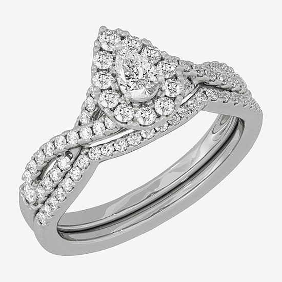 (H-I / Si1-Si2) Womens 3/4 CT. T.W. Lab Grown White Diamond 10K Gold Pear Side Stone Halo Bridal Set
