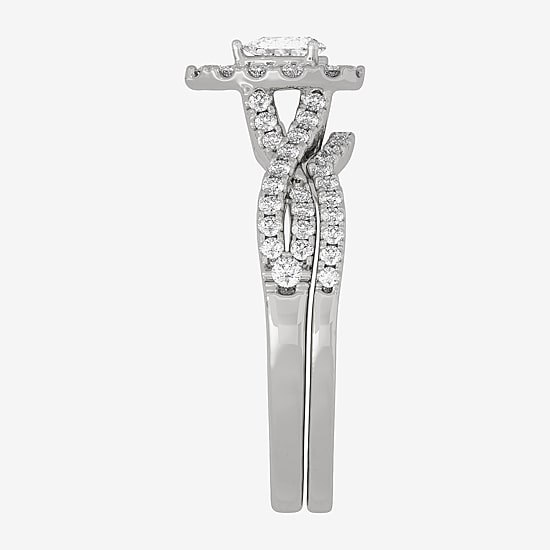 (H-I / Si1-Si2) Womens 3/4 CT. T.W. Lab Grown White Diamond 10K Gold Pear Side Stone Halo Bridal Set