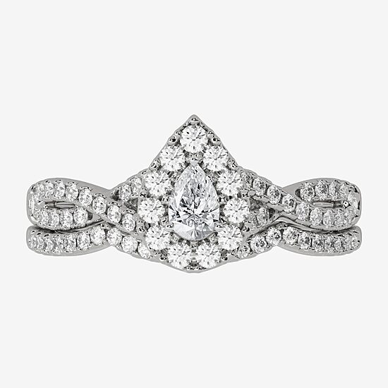 (H-I / Si1-Si2) Womens 3/4 CT. T.W. Lab Grown White Diamond 10K Gold Pear Side Stone Halo Bridal Set
