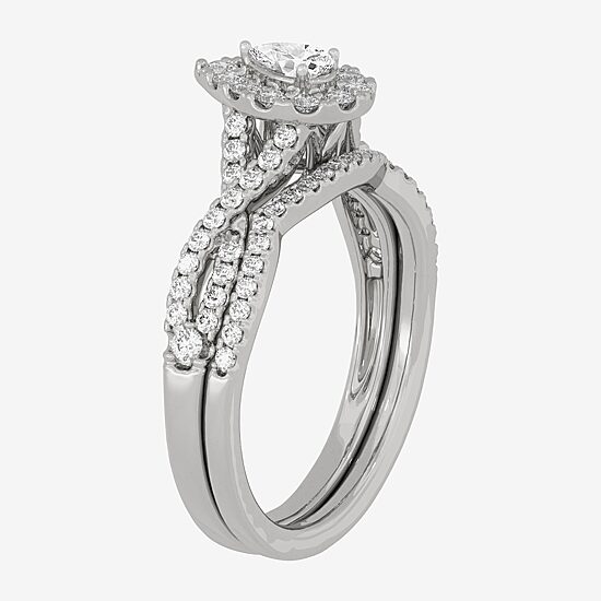 (H-I / Si1-Si2) Womens 3/4 CT. T.W. Lab Grown White Diamond 10K Gold Pear Side Stone Halo Bridal Set