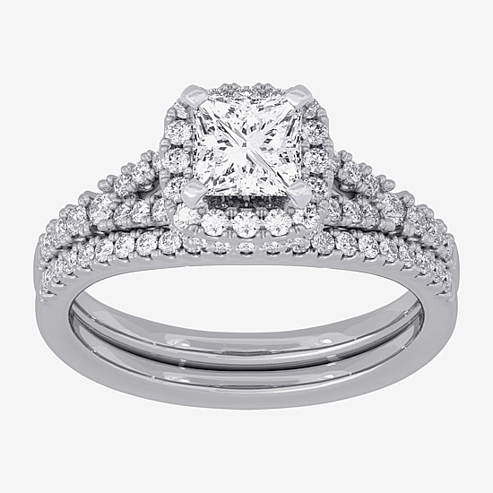 (H-I / Si1-Si2) Womens 1 1/2 CT. T.W. Lab Grown White Diamond 10K White Gold Cushion Side Stone Halo Bridal Set