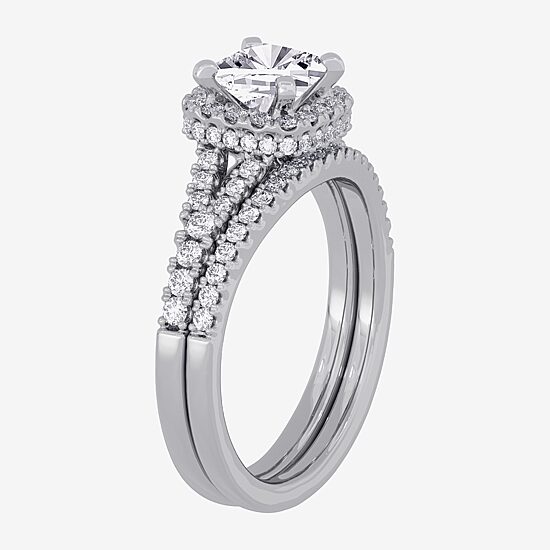 (H-I / Si1-Si2) Womens 1 1/2 CT. T.W. Lab Grown White Diamond 10K White Gold Cushion Side Stone Halo Bridal Set