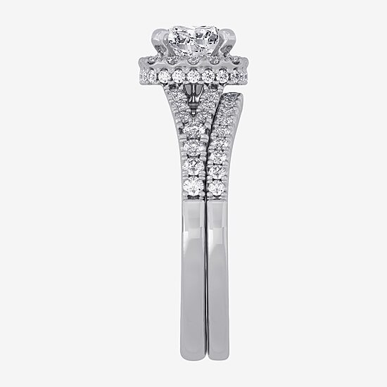 (H-I / Si1-Si2) Womens 1 1/2 CT. T.W. Lab Grown White Diamond 10K White Gold Cushion Side Stone Halo Bridal Set