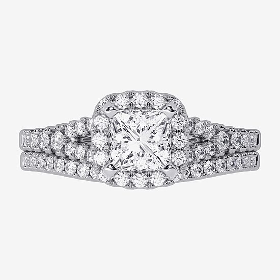 (H-I / Si1-Si2) Womens 1 1/2 CT. T.W. Lab Grown White Diamond 10K White Gold Cushion Side Stone Halo Bridal Set