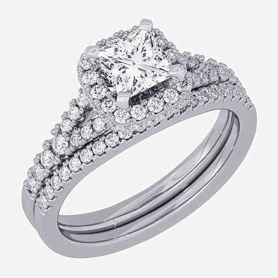 (H-I / Si1-Si2) Womens 1 1/2 CT. T.W. Lab Grown White Diamond 10K White Gold Cushion Side Stone Halo Bridal Set