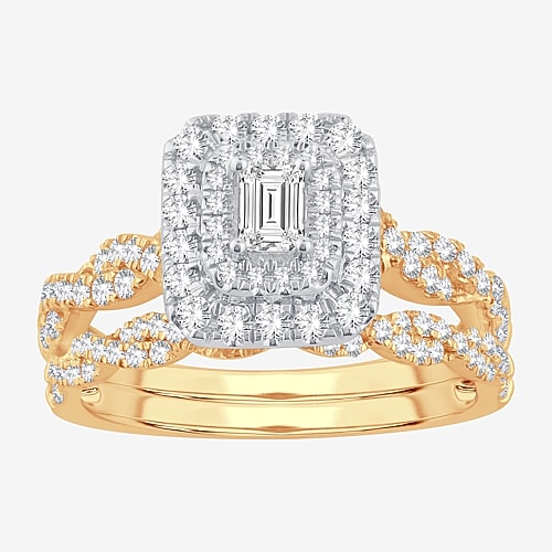 Signature By Modern Bride 1 CT.T.W. Natural Diamond Side Stone Halo Bridal Set in 10K or 14K Gold, 9, Yellow