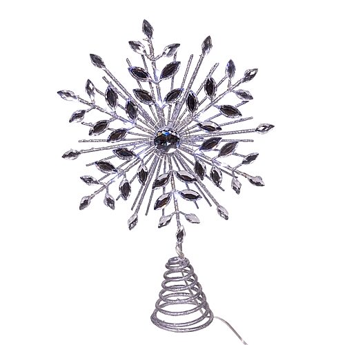 Kurt Adler 11.75" 18-Light Cool White Micro Led Silver Glittered Snowflake Christmas Tree Topper, One Size, White