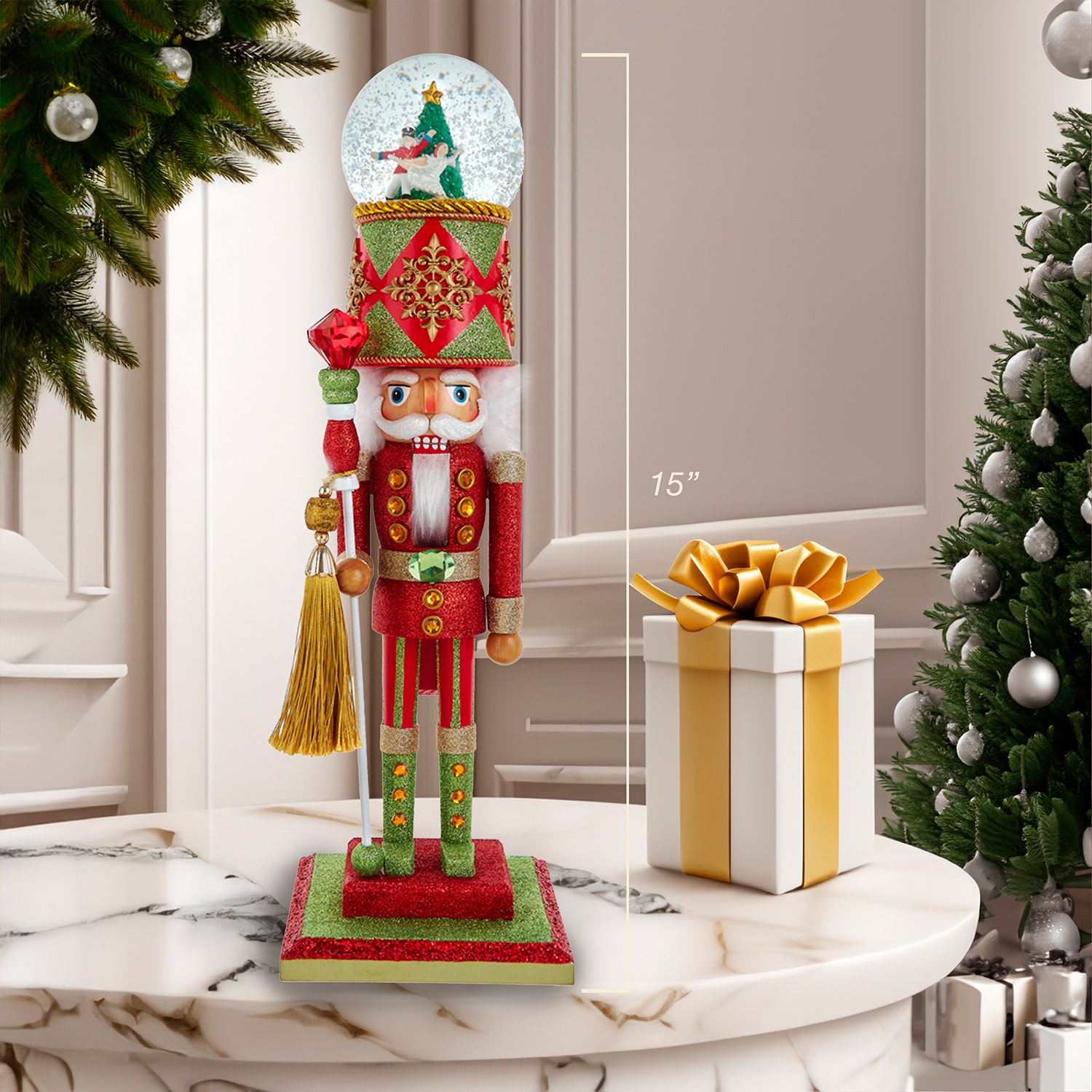 Kurt Adler 21" Hollywood Battery-Operated Light Up Animated Musical Snow Globe Hat Soldier Lighted Christmas Nutcracker