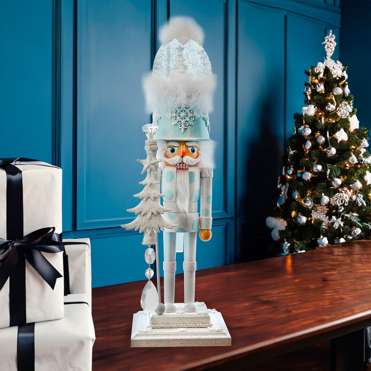 Kurt Adler 20" Hollywood Battery-Operated Light Up Animated Musical White Soldier Water Globe Hat Lighted Christmas Nutcracker