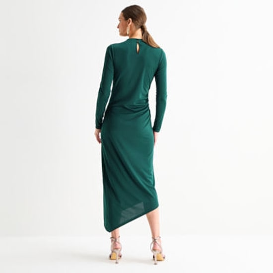 Worthington Womens Midi Mock Neck Long Sleeve Fitted Bodycon Dress
