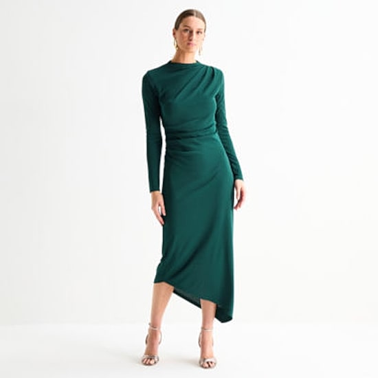 Worthington Womens Midi Mock Neck Long Sleeve Fitted Bodycon Dress