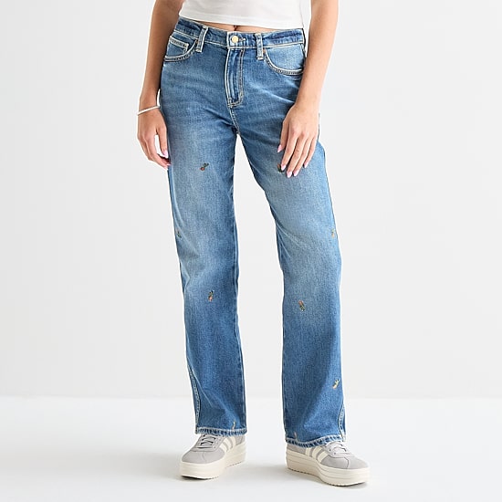 Arizona Womens Juniors High Rise Stretch Fabric Straight Leg Jean