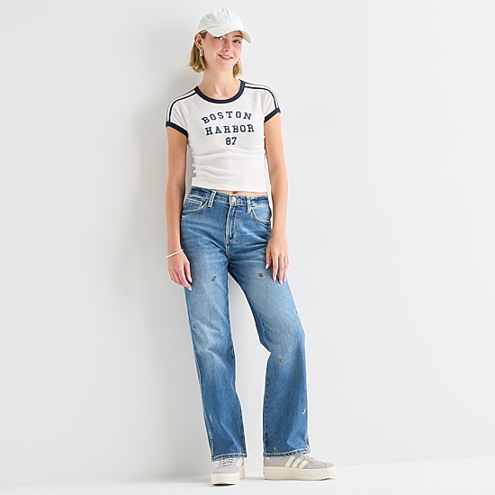 Arizona Womens Juniors High Rise Stretch Fabric Straight Leg Jean