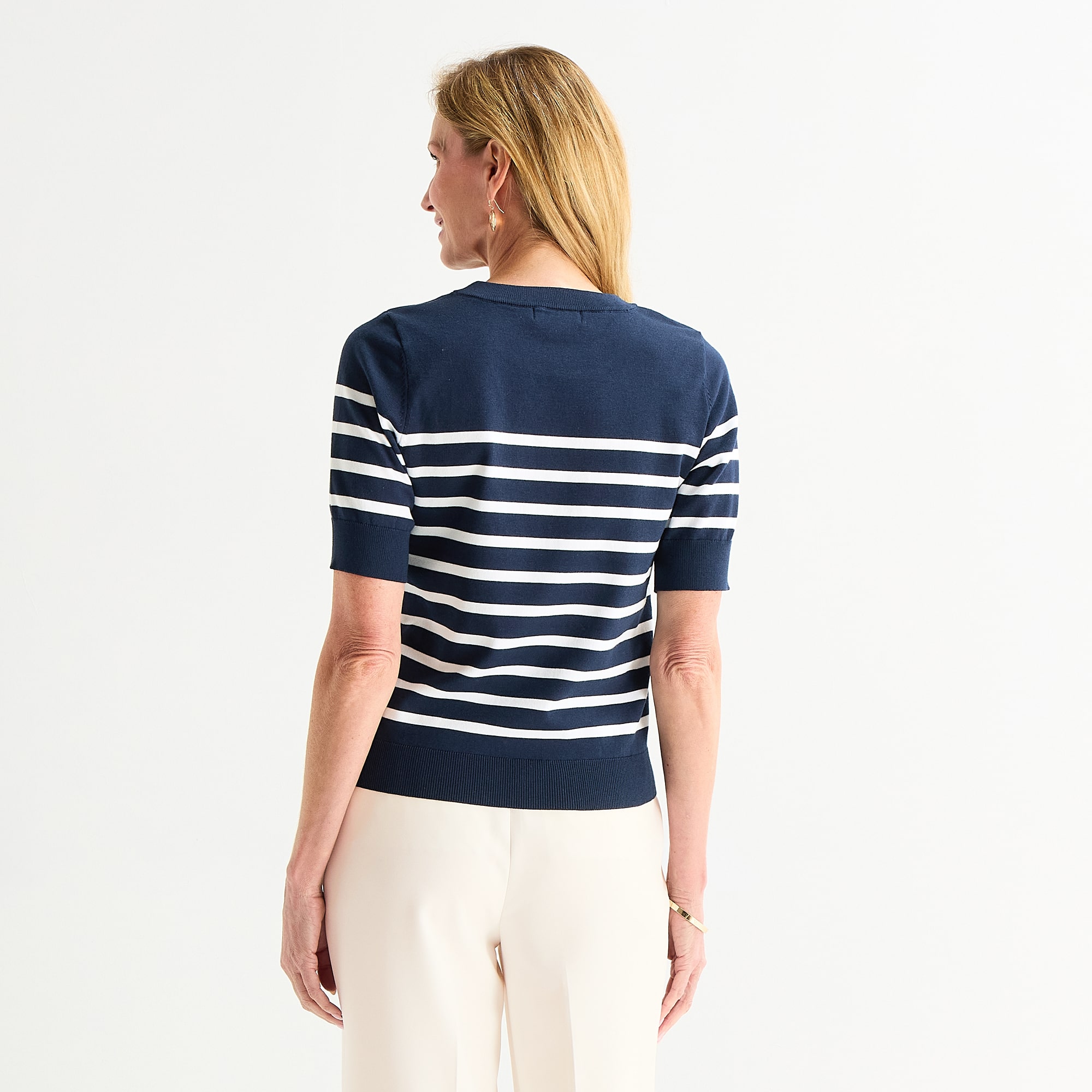 Liz Claiborne Womens Crew Neck Short Sleeve Striped Pullover Sweater
