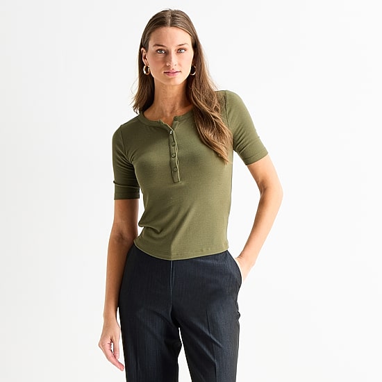 Worthington Womens Elbow Sleeve Regular Fit Henley Shirt