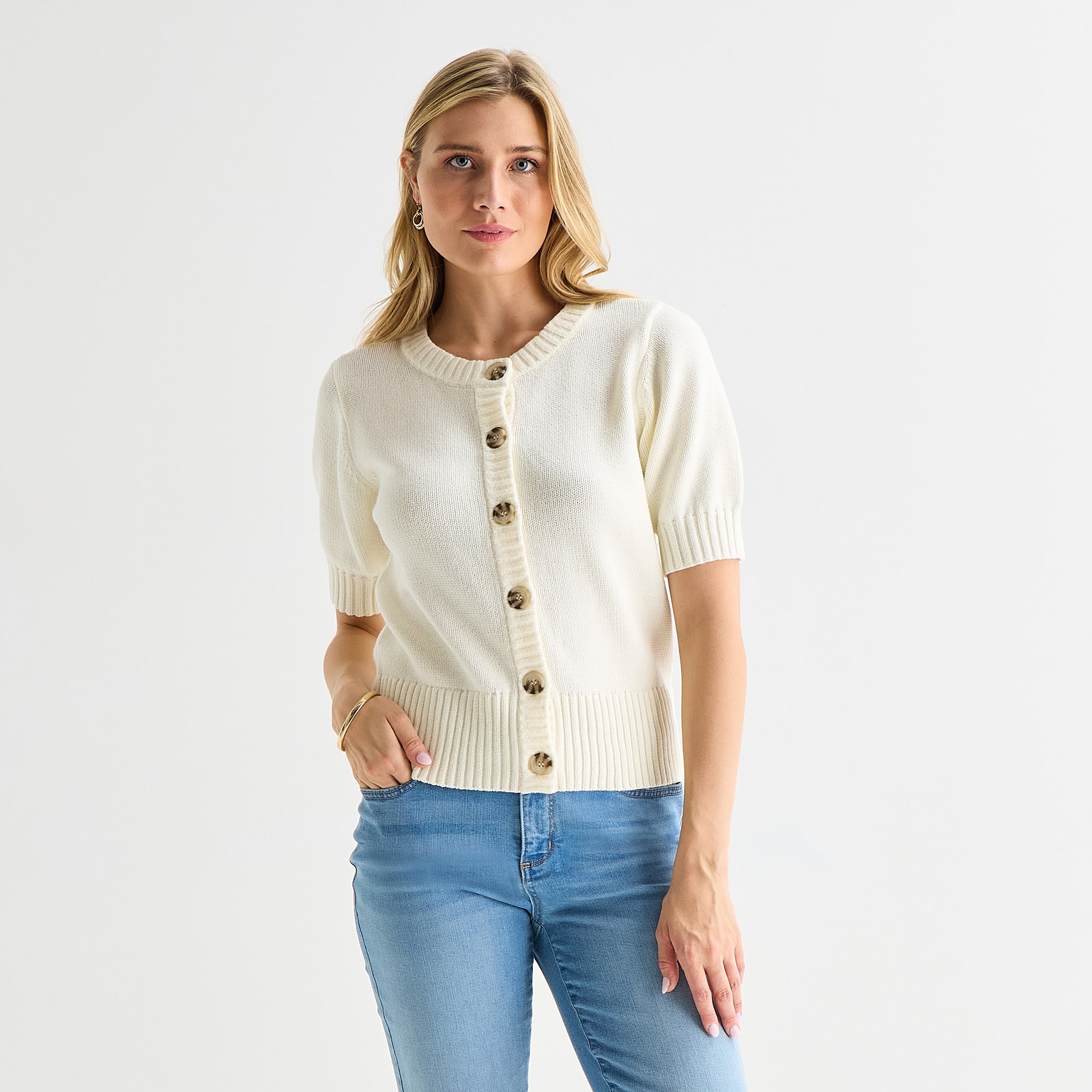 St. John's Bay Womens Crew Neck Short Sleeve Button Cardigan