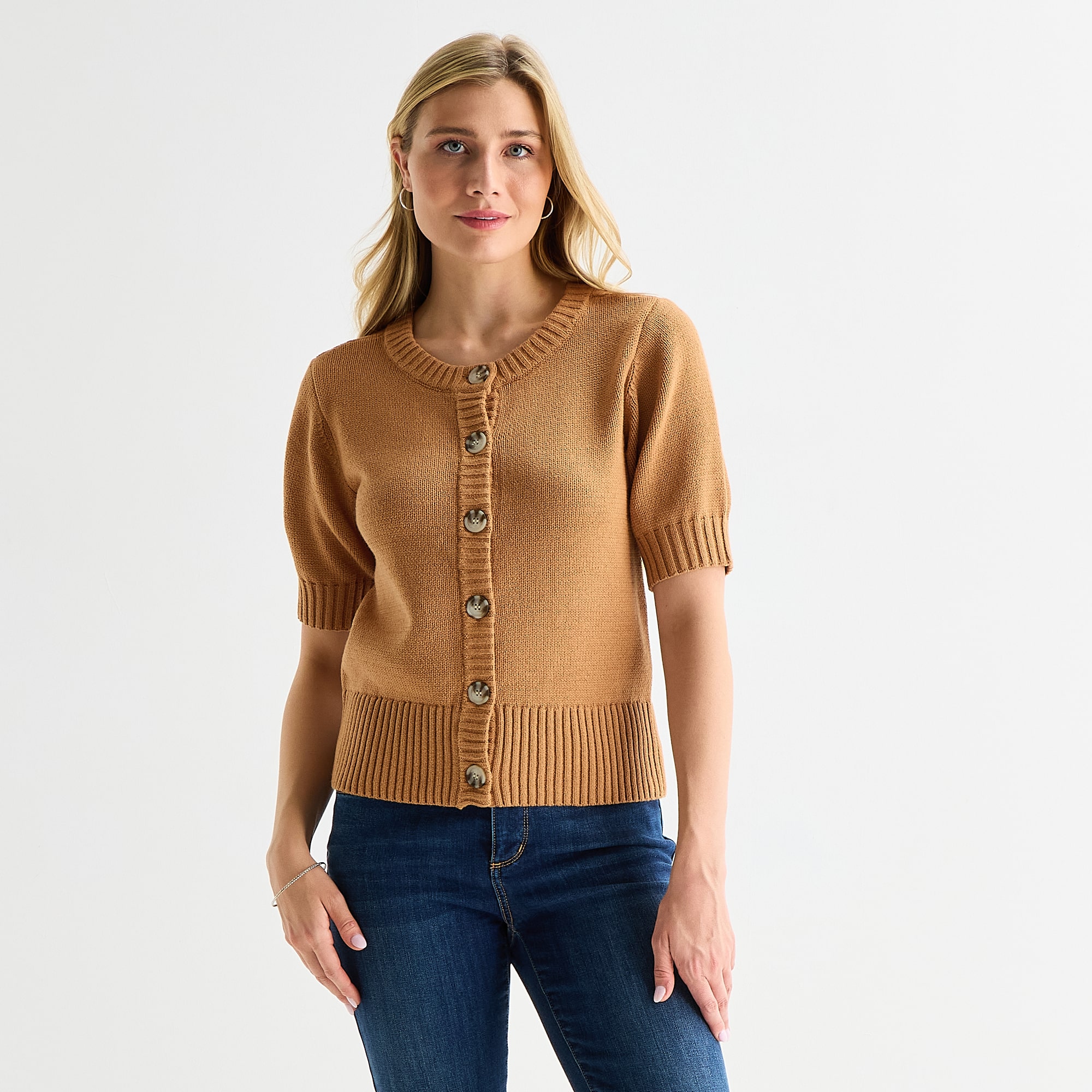 St. John's Bay Womens Crew Neck Short Sleeve Button Cardigan