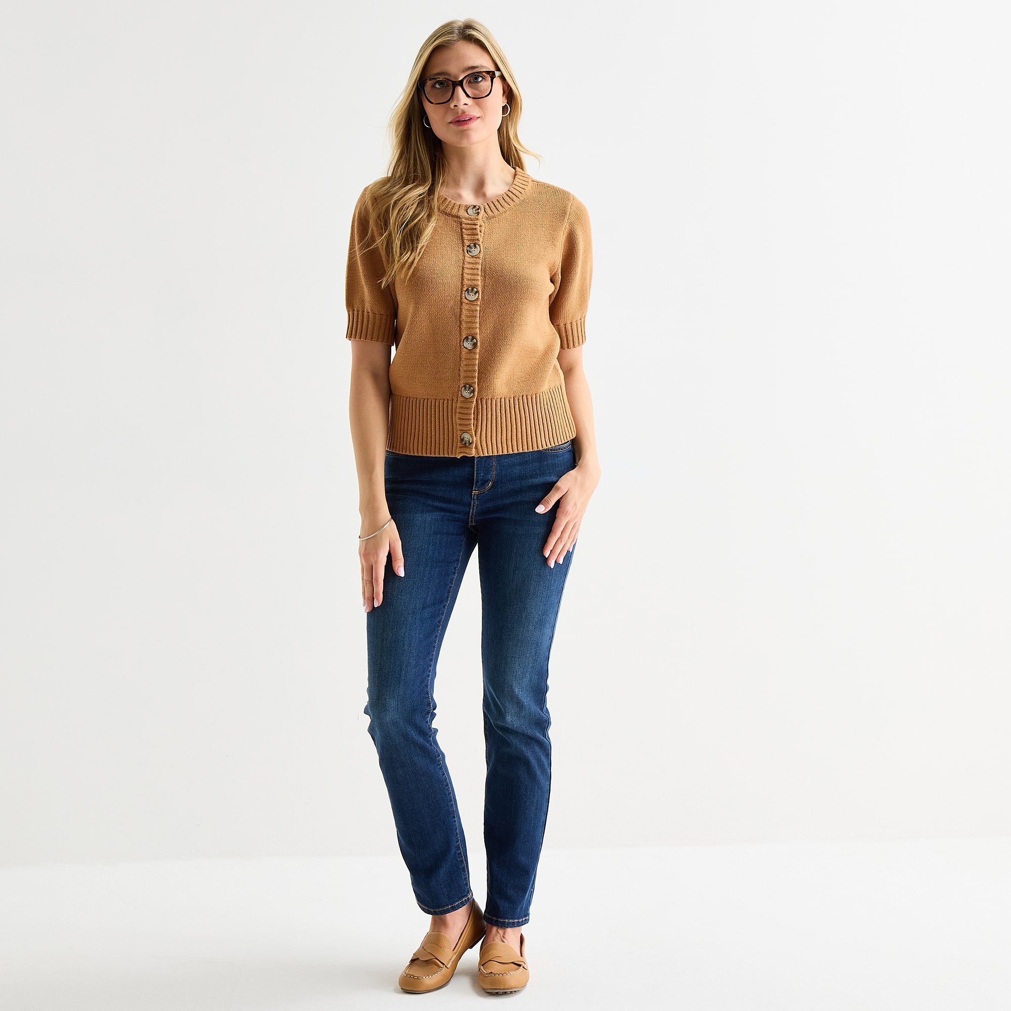 St. John's Bay Womens Crew Neck Short Sleeve Button Cardigan