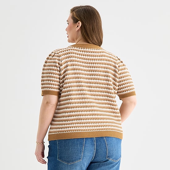A.N.A Womens Plus Crew Neck Short Sleeve Striped Pullover Sweater