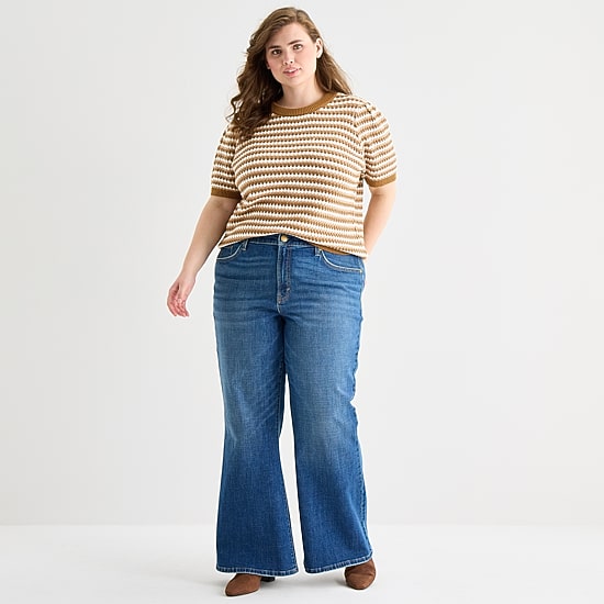 A.N.A Womens Plus Crew Neck Short Sleeve Striped Pullover Sweater