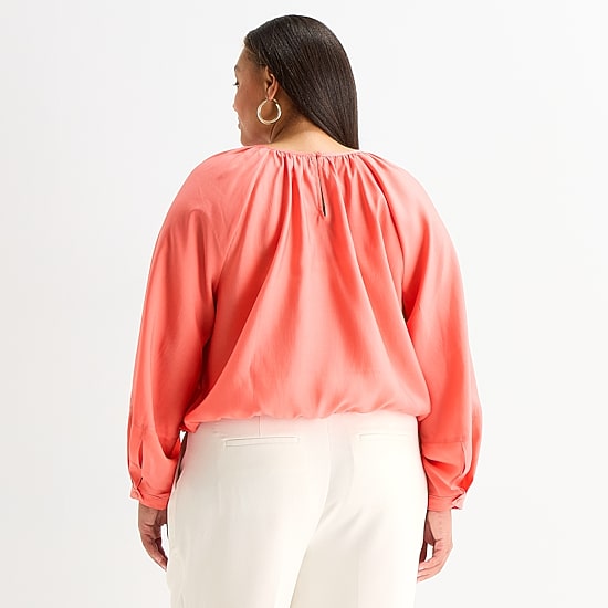 Worthington Womens Plus Round Neck Long Sleeve Blouse