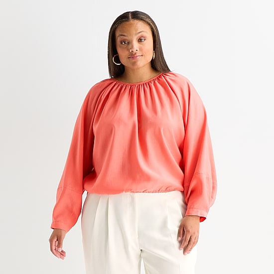 Worthington Womens Plus Round Neck Long Sleeve Blouse