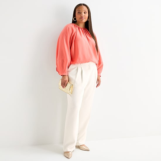 Worthington Womens Plus Round Neck Long Sleeve Blouse