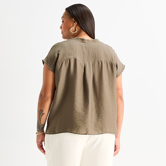 Worthington Womens Plus Henley Neck Short Sleeve Blouse