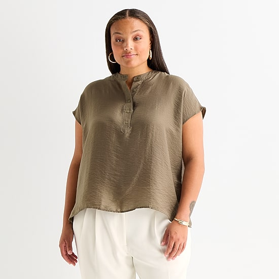 Worthington Womens Plus Henley Neck Short Sleeve Blouse
