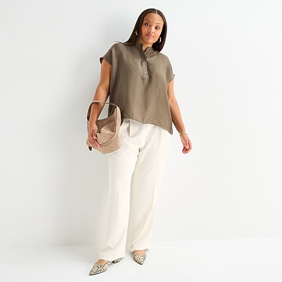 Worthington Womens Plus Henley Neck Short Sleeve Blouse