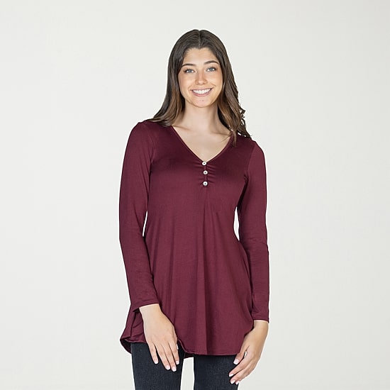24seven Comfort Apparel Womens Henley Neck Long Sleeve Tunic Top