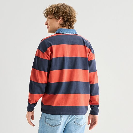 Arizona Mens Long Sleeve Regular Fit Button Down Collar Striped Rugby Shirt