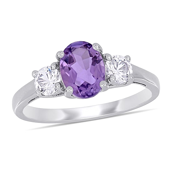 Womens Genuine Purple Amethyst Sterling Silver 3-Stone Cocktail Ring