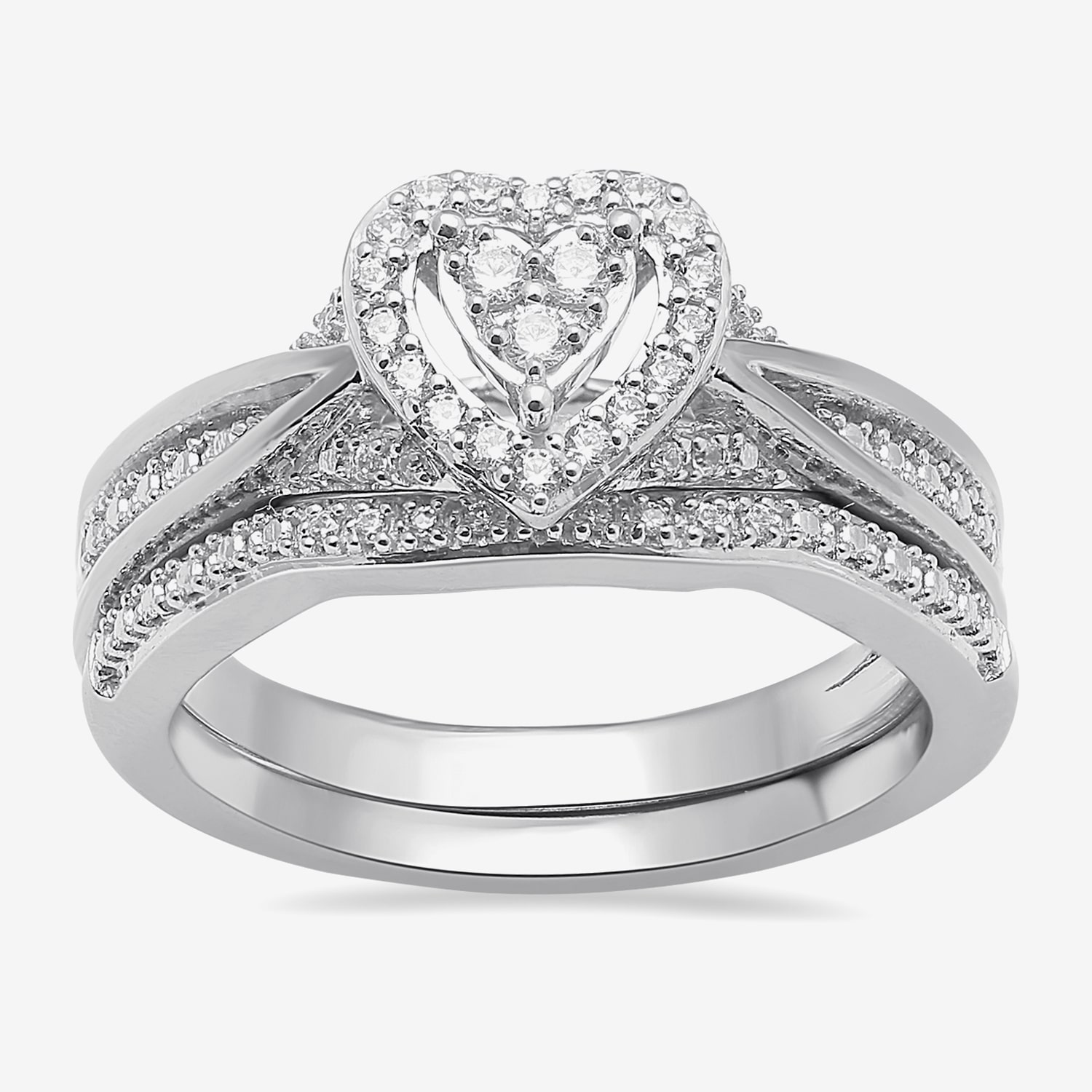 Surrounded by Love Womens 1/5 CT. Natural White Diamond Sterling Silver Heart Side Stone Halo Bridal Set