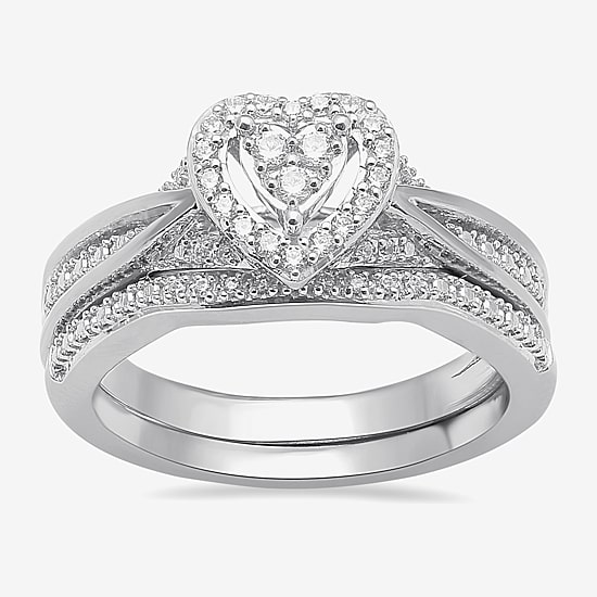 Surrounded by Love Womens 1/5 CT. Natural White Diamond Sterling Silver Heart Side Stone Halo Bridal Set