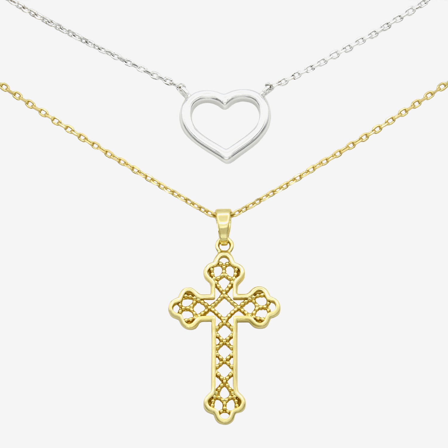 Filigree Womens 14K Gold Over Brass Pure Silver Over Brass Cross Heart 2-pc. Necklace Set