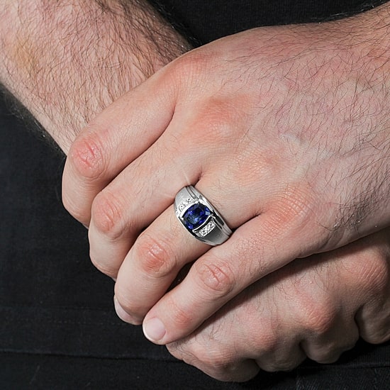 Mens Sterling Silver Lab Created Cushion Cut Blue Sapphire Ring